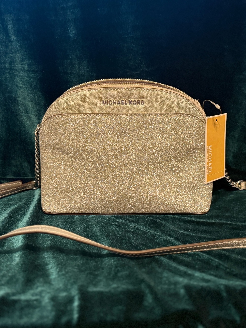 NWT Michael Kors Emmy Medium Silver Glitter Crossbody Bag